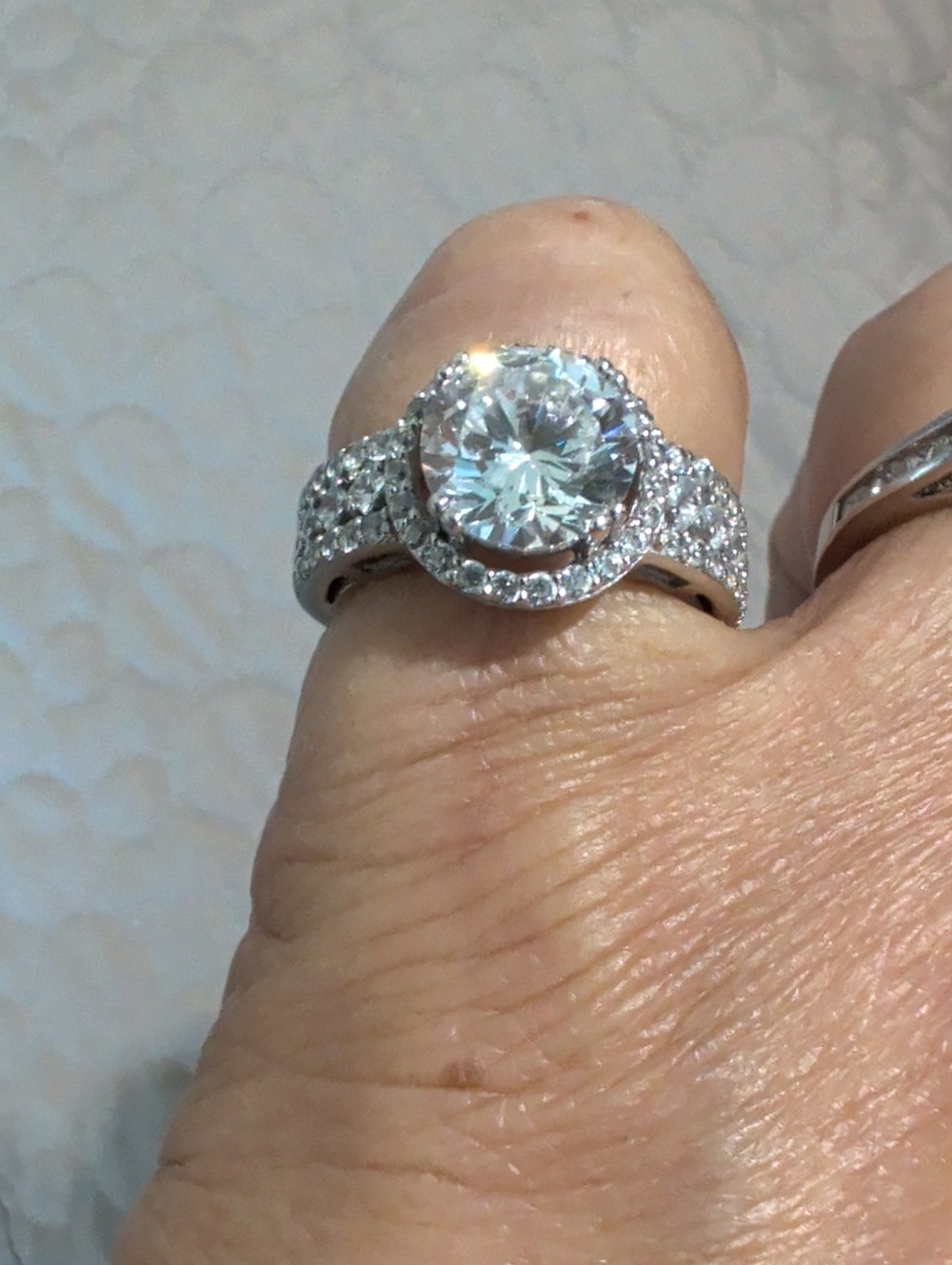 Silver 925 -Moissanite Round Halo Engagement Ring with Pavé Band Sz 6